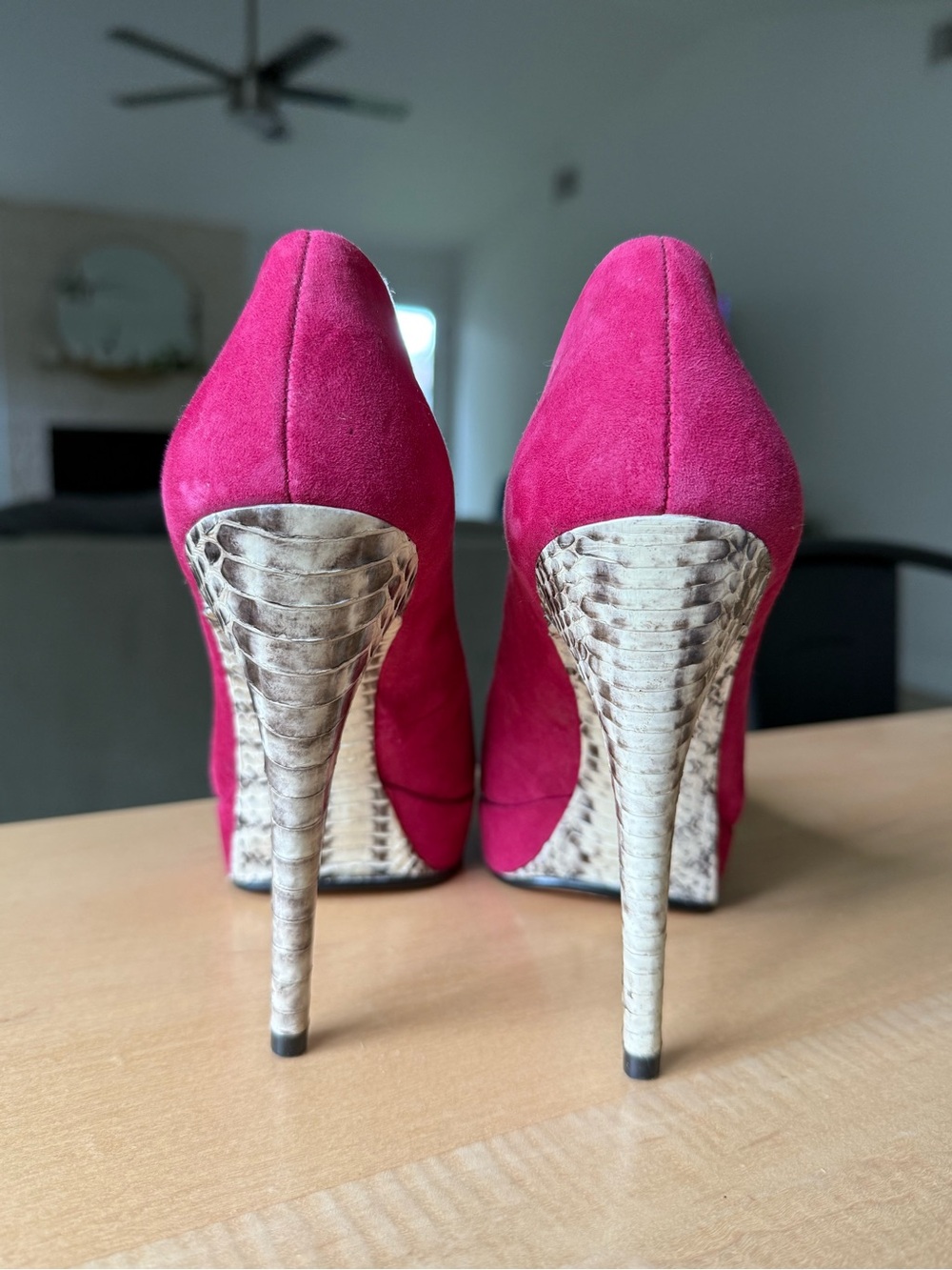 KORS Michael Kors Pink Suede Pumps with Snake-Embossed Heel